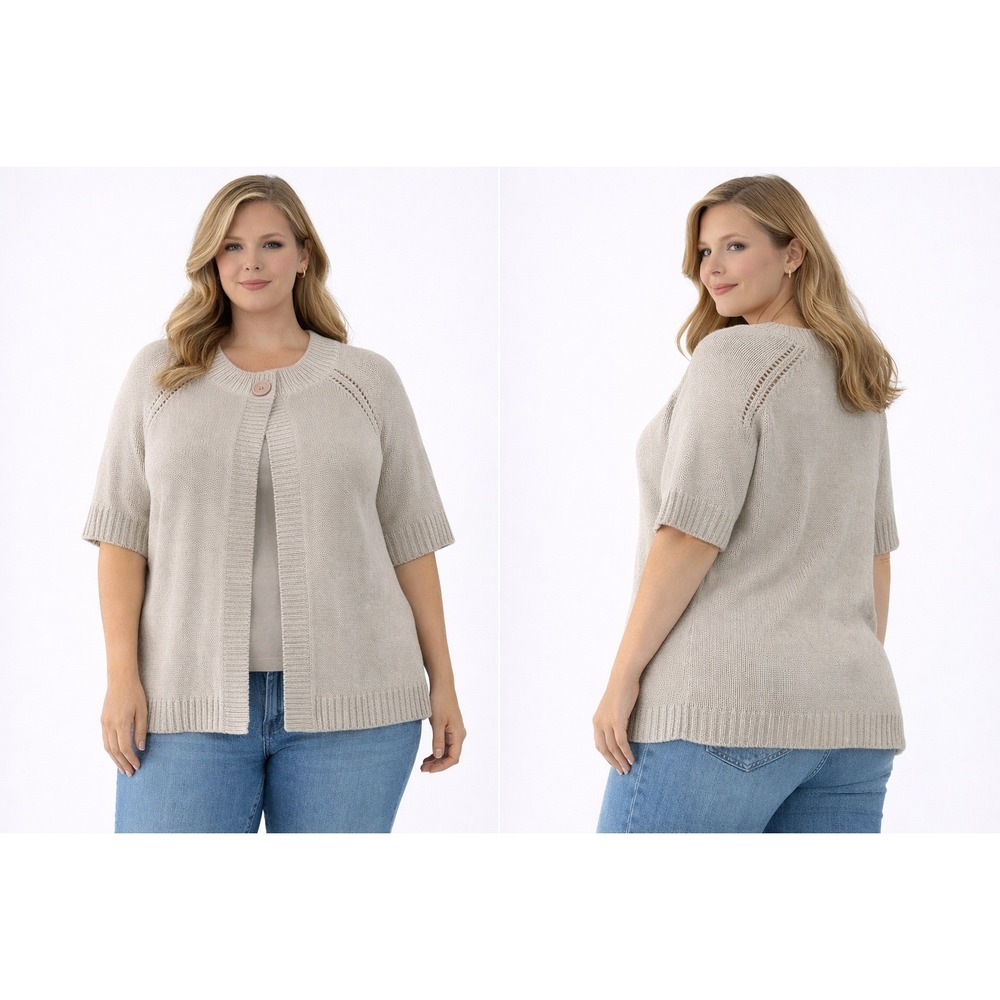 Jones New York Women Sweater XL Cream Knit Short Sleeve Button Cozy Chic